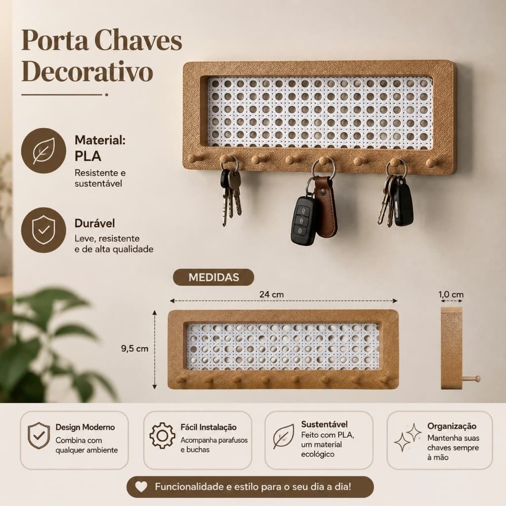 Porta Chaves de Parede 8 Ganchos com Rattan Decorativo Organizador para Chaves Casa Entrada