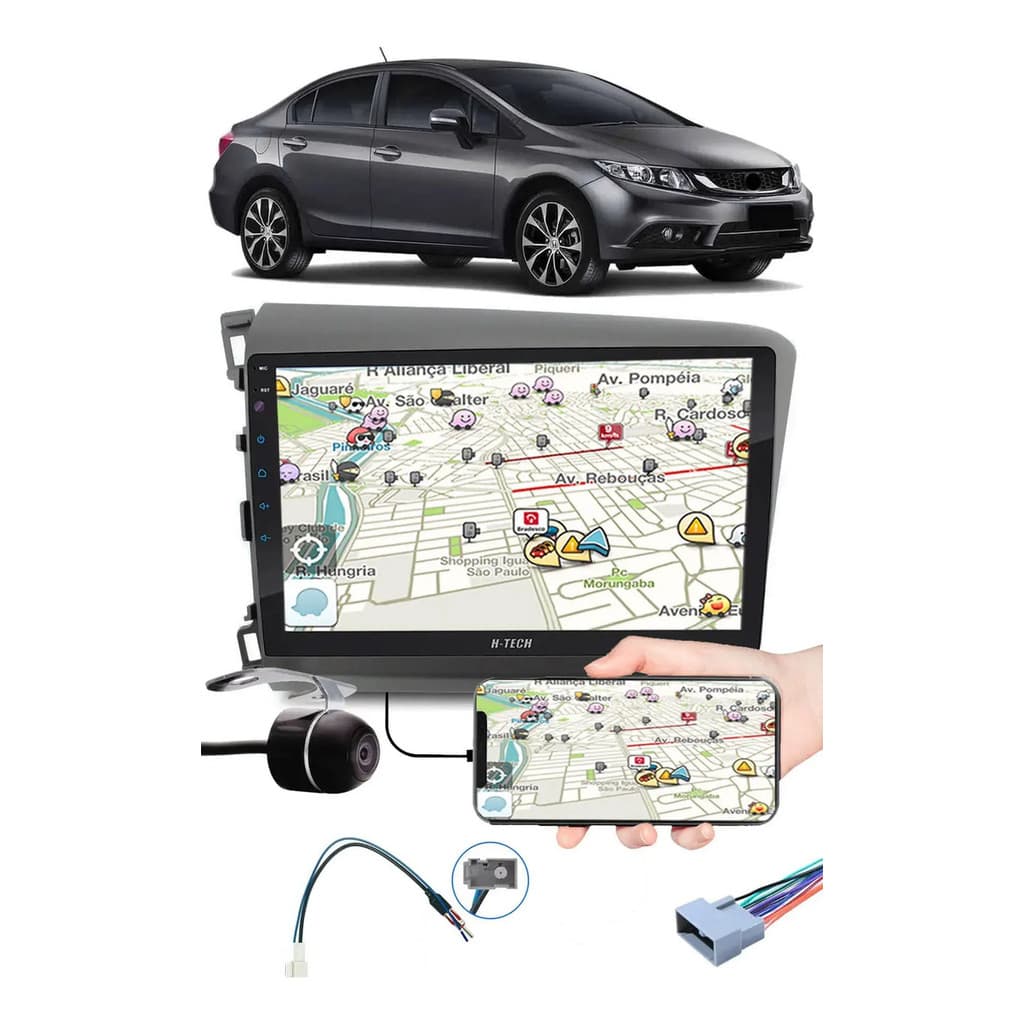 Multimídia 9 Polegadas Civic 2012 à 2016 Espelhamento USB Bluetooth + Moldura Painel + Interface Volante + Chicote