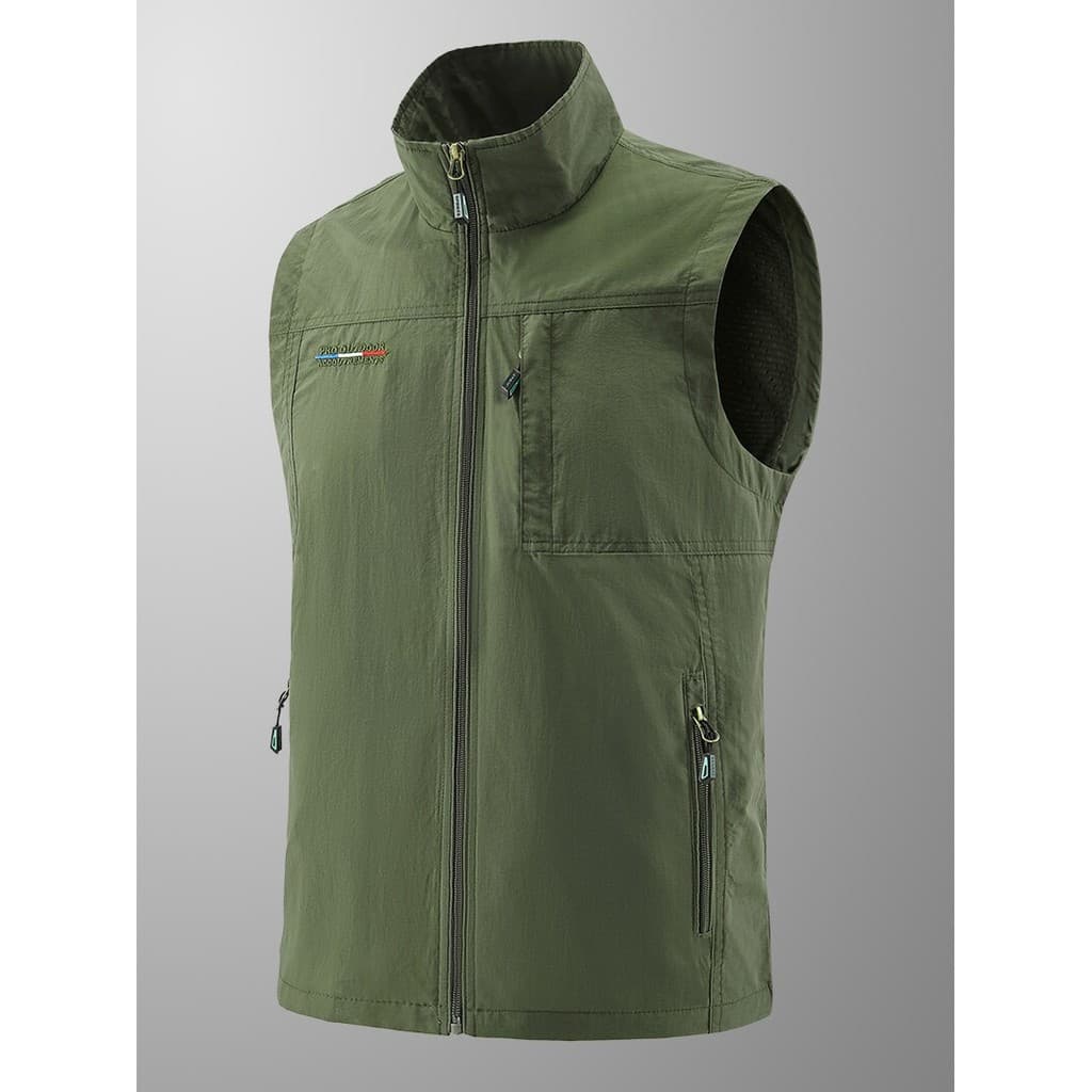 Primavera outono colete masculino jaqueta sem mangas colete Casual Multi-bolso moda gola alta colete de cor sólida