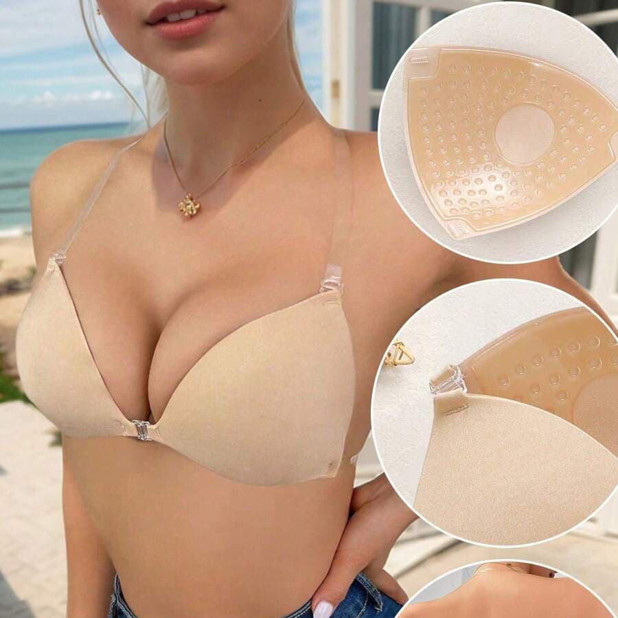 Sutiã sem alças na cor nude, com enchimento e alças de silicone removíveis, perfeito para vestidos com decote profundo.
