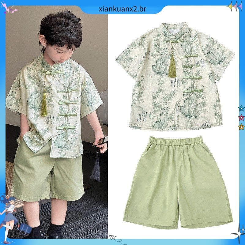 Nacional na moda crianças nova camisa chinesa 2026 novo estilo traje de desempenho paisagem antigo Hanfu estilo nacional