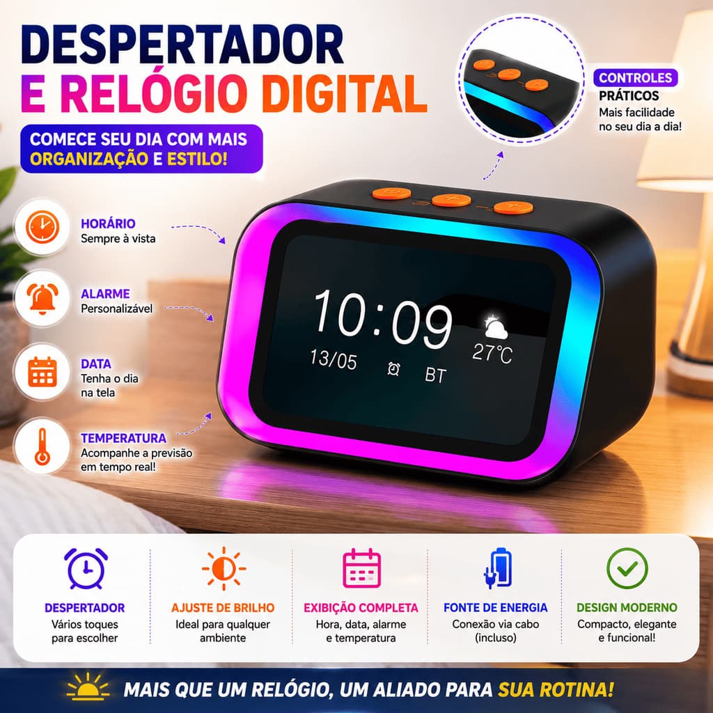 Caixa de Som IA 20W Design Moderno Relógio De Mesa Iluminado Entrada Auxiliar E Bluetooth Longa Duração De Bateria
