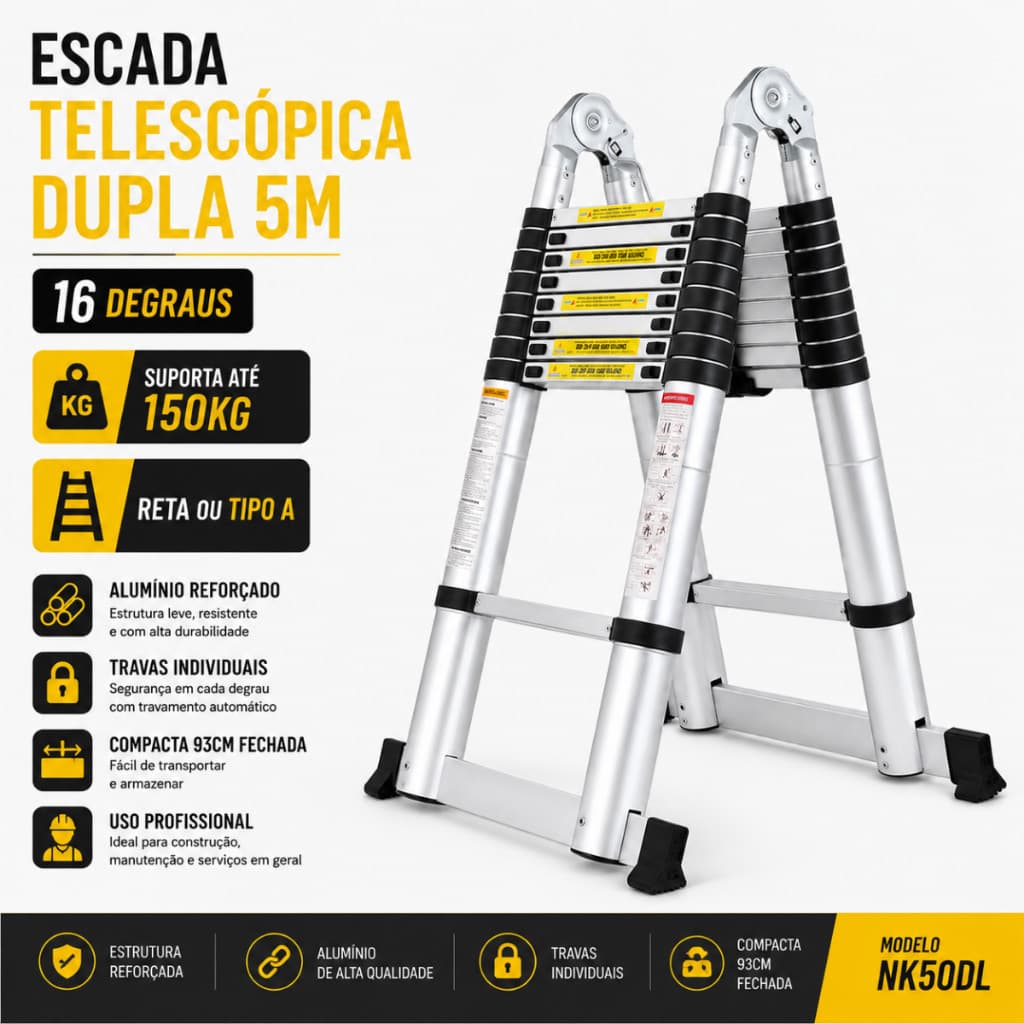 Escada Telescópica Dupla 5 Metros 16 Degraus Alumínio Multifuncional Tipo A Até 150kg Profissional