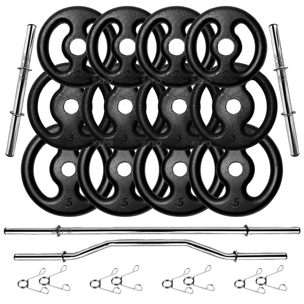 Kit 40Kg em Anilhas de Ferro com Barras de 40cm e 1,60m + Barra W 1,20m