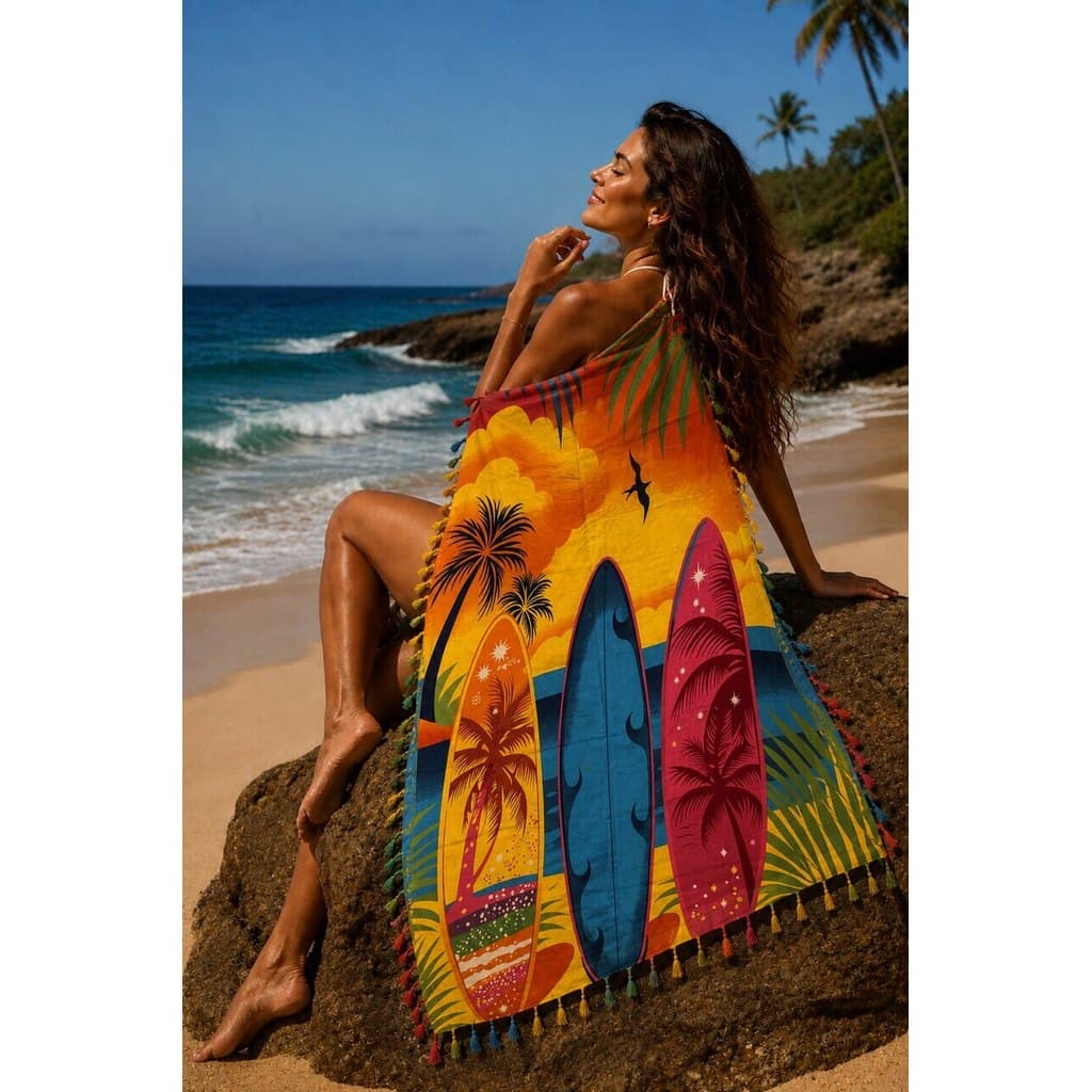 Canga de Praia Estampada com  Prancha de Surf Tropical-#912