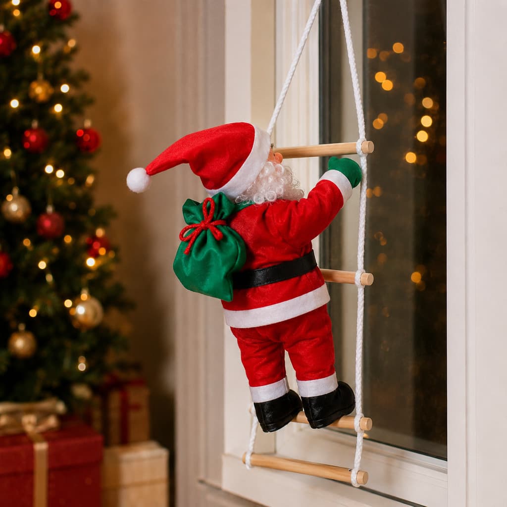 Papai Noel na Escada Decorativo Enfeite de Natal Pendente para Porta Janela Parede e Árvore