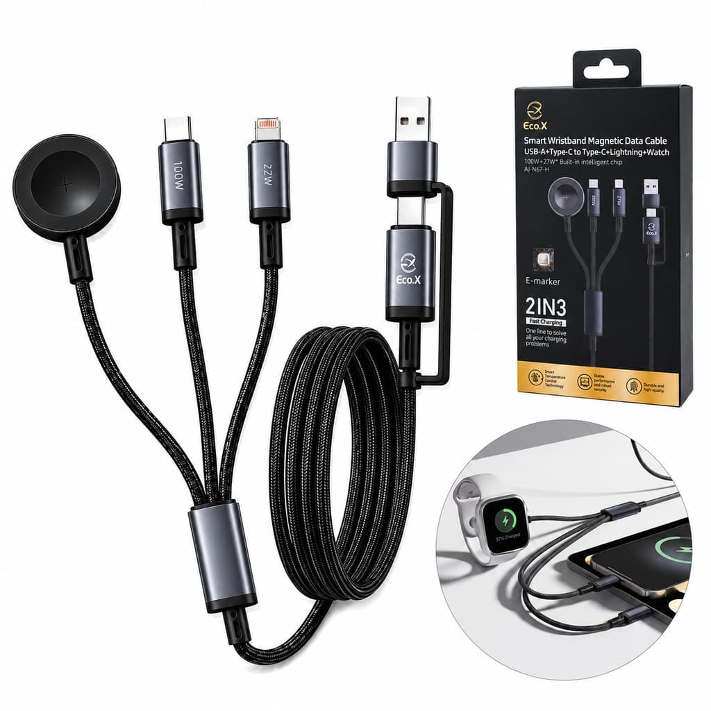 Cabo Carregador Rapido 3 em 1 com Carregador por Inducao para Smartwatch 1.2m