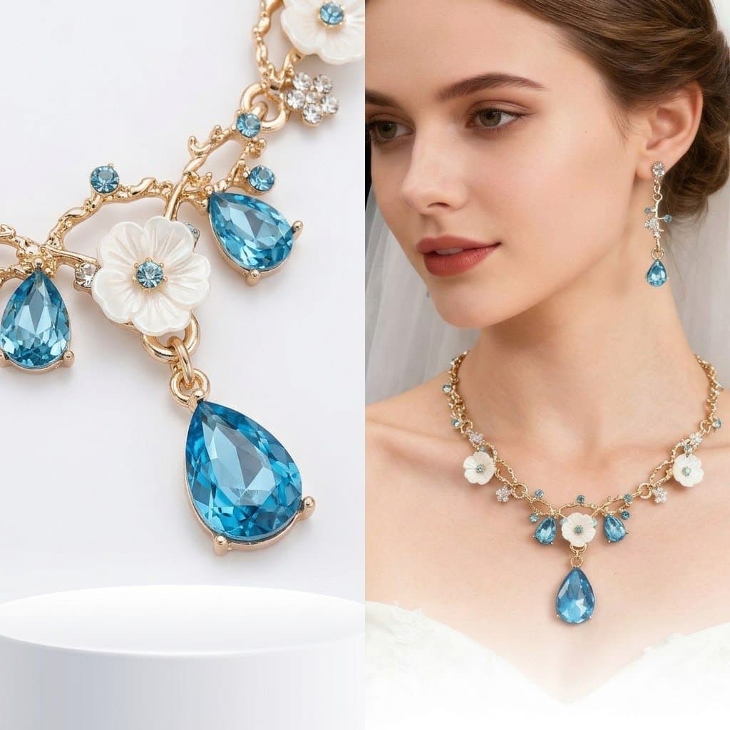 Conjunto Brincos Feminino E Colar Ouro Azul Claro Zircônia Gota Noiva Festa Luxo