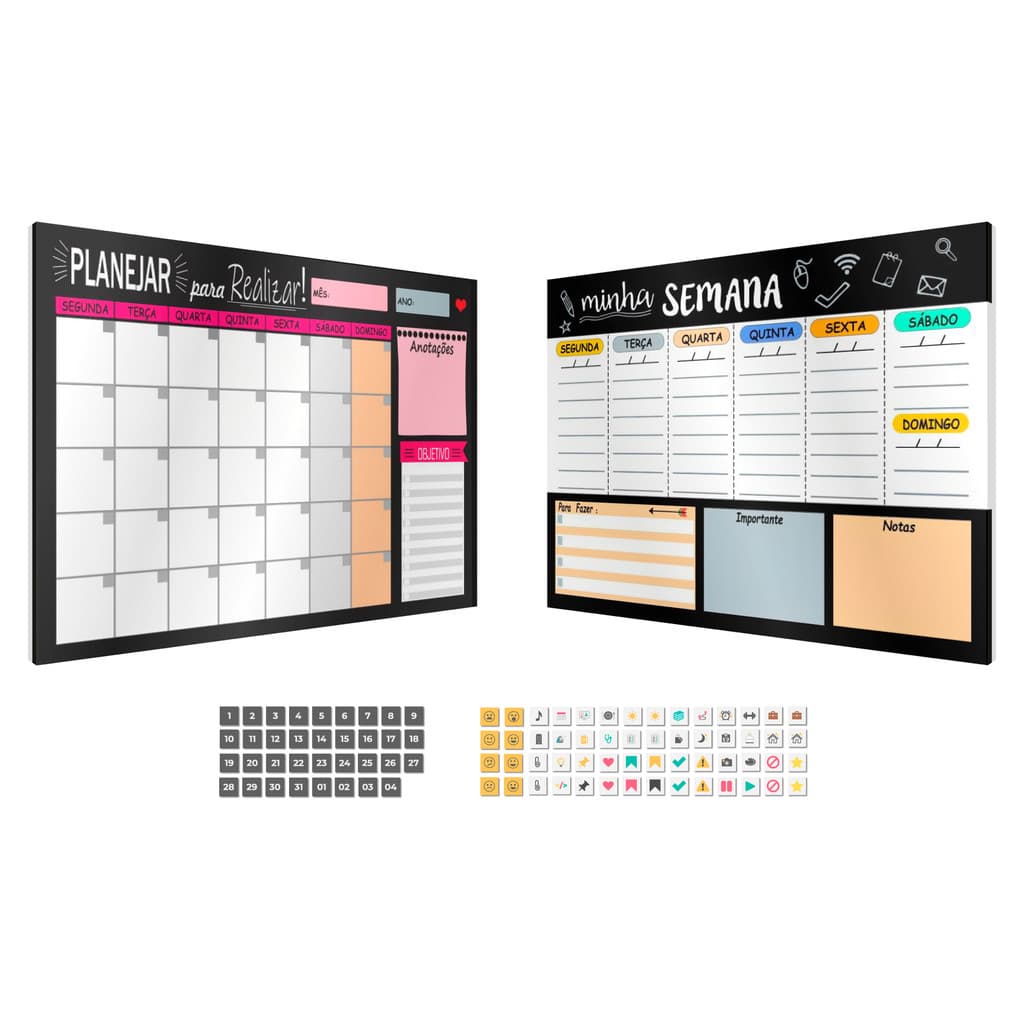Kit Lousas Planejadores Mensal e Semanal Magnéticas 40x60cm + 91 Imãs Para Tarefas e Organização