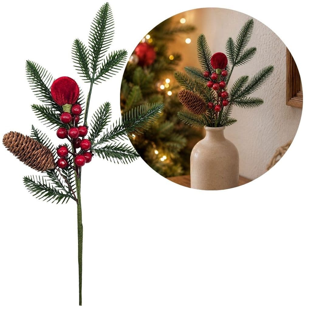Galho Natalino Decorativo 47cm com Pinha, Berries e Bola Vermelha em Veludo Luxo
