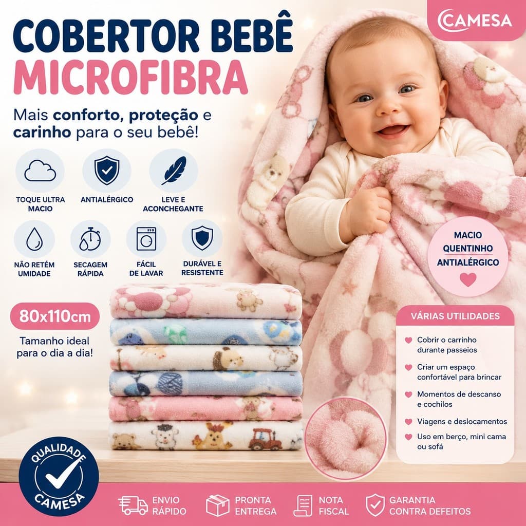 Cobertor Bebê Microfibra Antialérgico Camesa 80x110cm Macio Quentinho Estampado