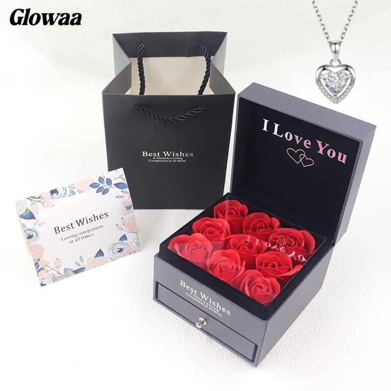 Rosa Eterna Preservada Colar feminino e caixa de presente de rosas para mãe e esposa Dia dos Namorados Dia das Mães