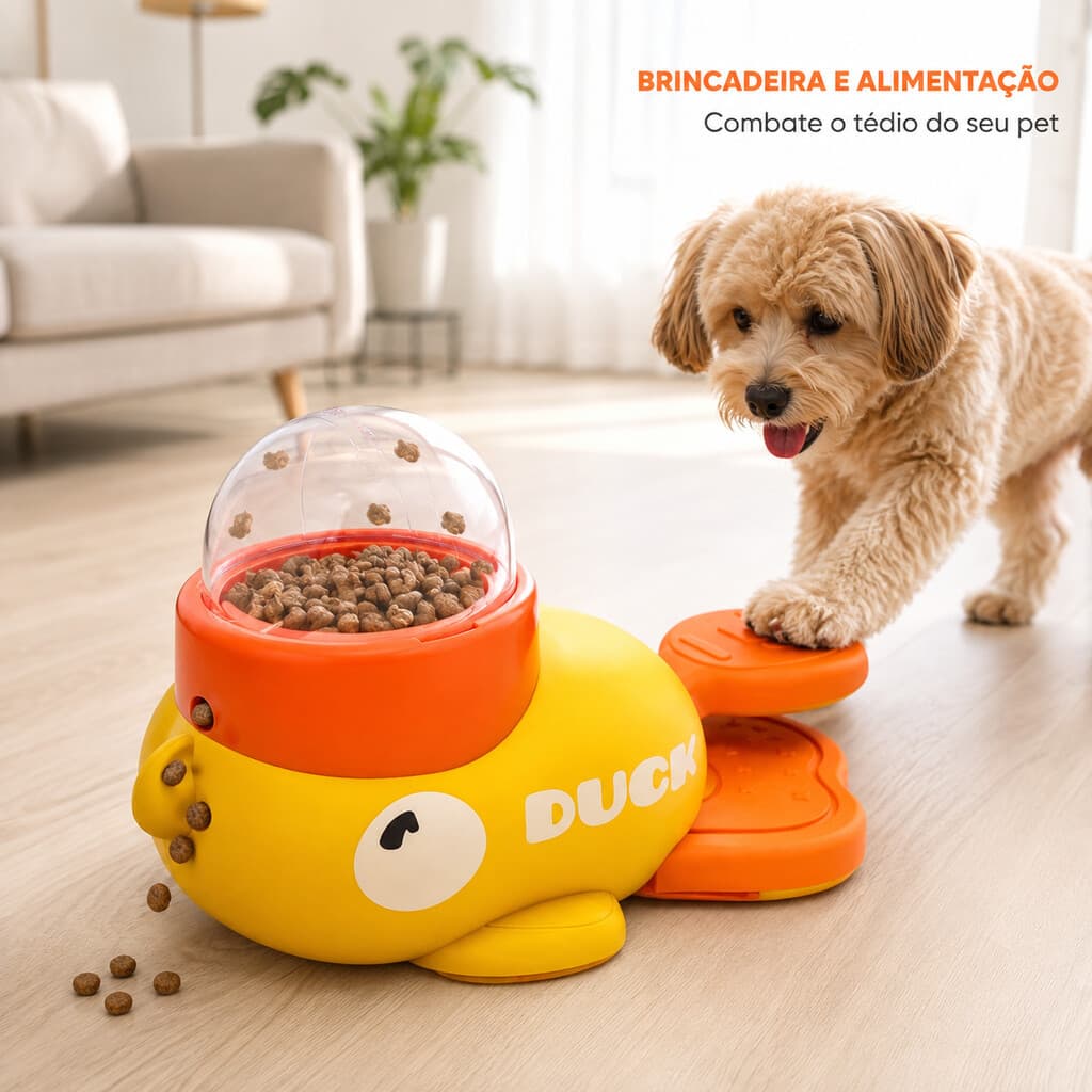 Comedouro Lento em Formato de Pato para Cães e Gatos com Saída para Ração e Petiscos