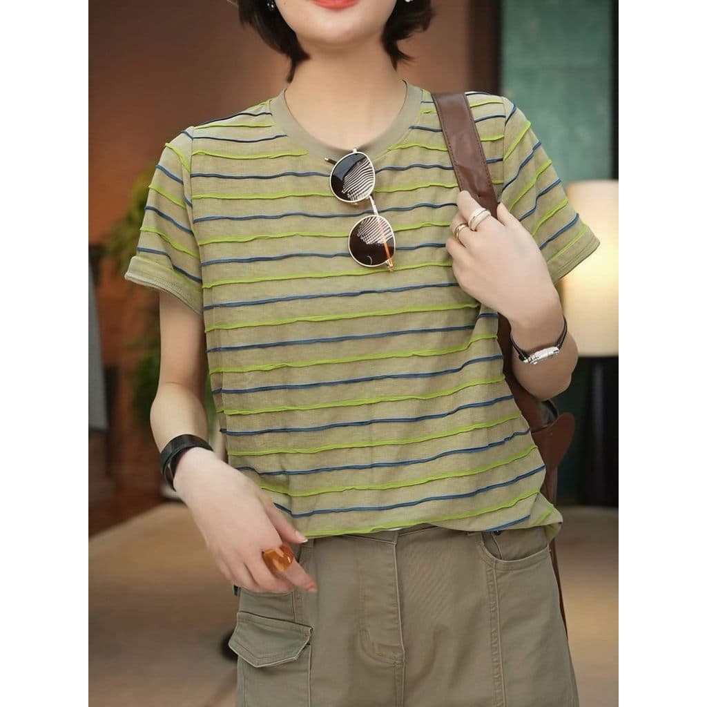 Design sentido tridimensional contraste cor listrado manga curta camiseta feminina 2026 verão novo estilo Casual Loo