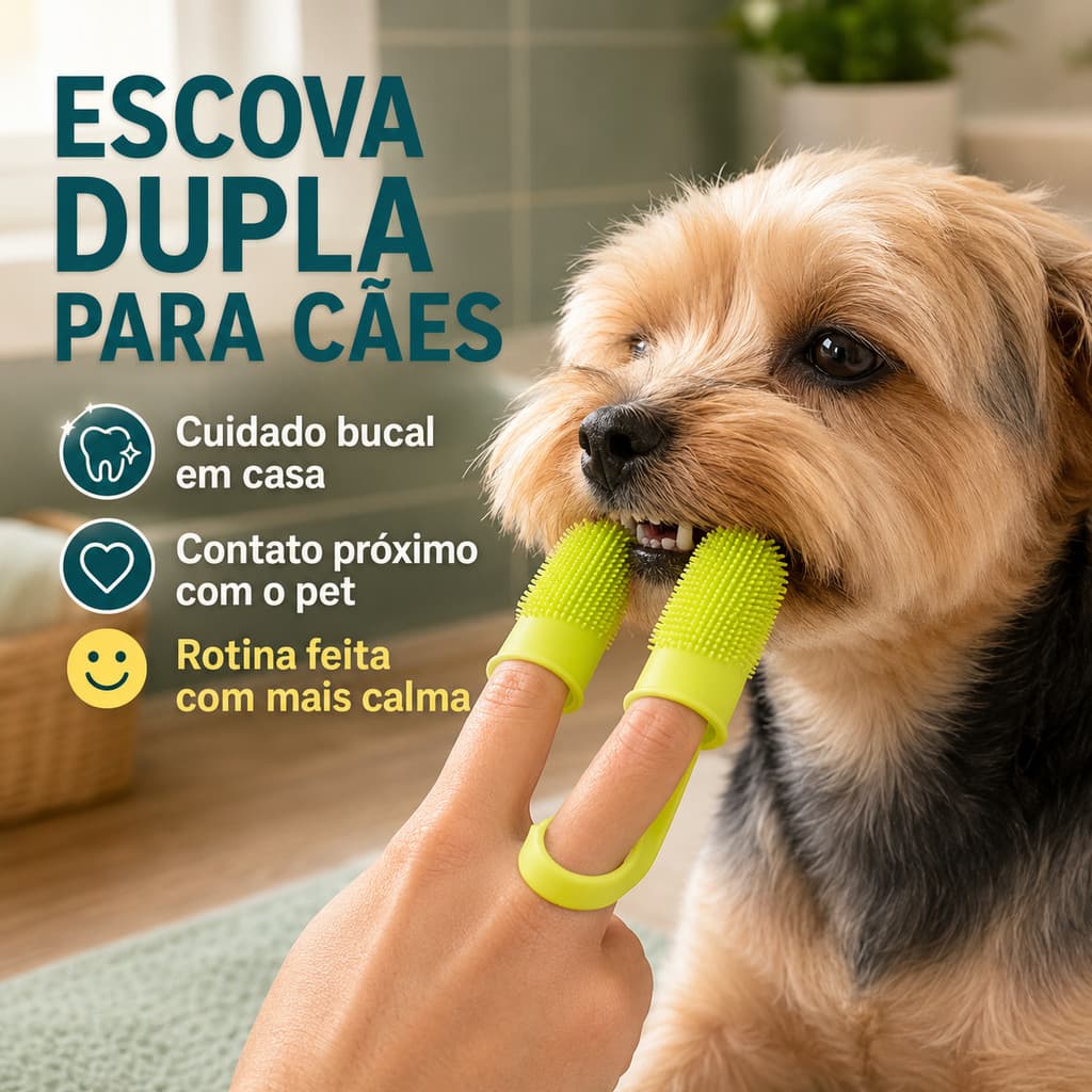 Escova de Dente Pet de Dedo Dupla Silicone Ultra Macia com Higiene Bucal e Controle de Mau Hálito para Cães