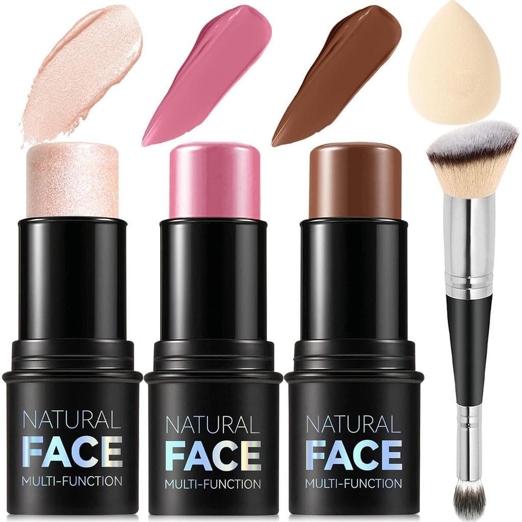 Kit de Maquiagem com 3 Bastões de Contorno, Sombras com Iluminador, Blush e Bastão de Contorno Bronzeador para Esculpir