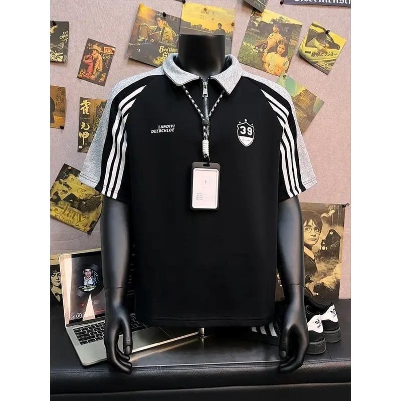 Americano Retro estilo esportivo camisa polo de manga curta masculino feminino estilo verão contraste costura três barra