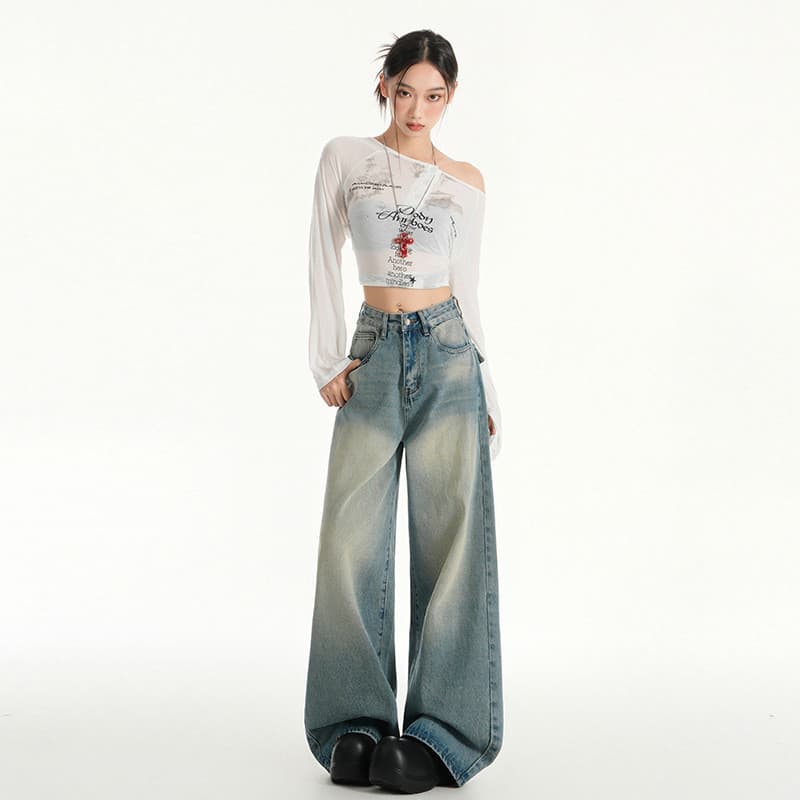 Estilo de bolso Retro lavado angustiado calças de perna larga feminina cintura alta mais magro olhar solto Denim calças
