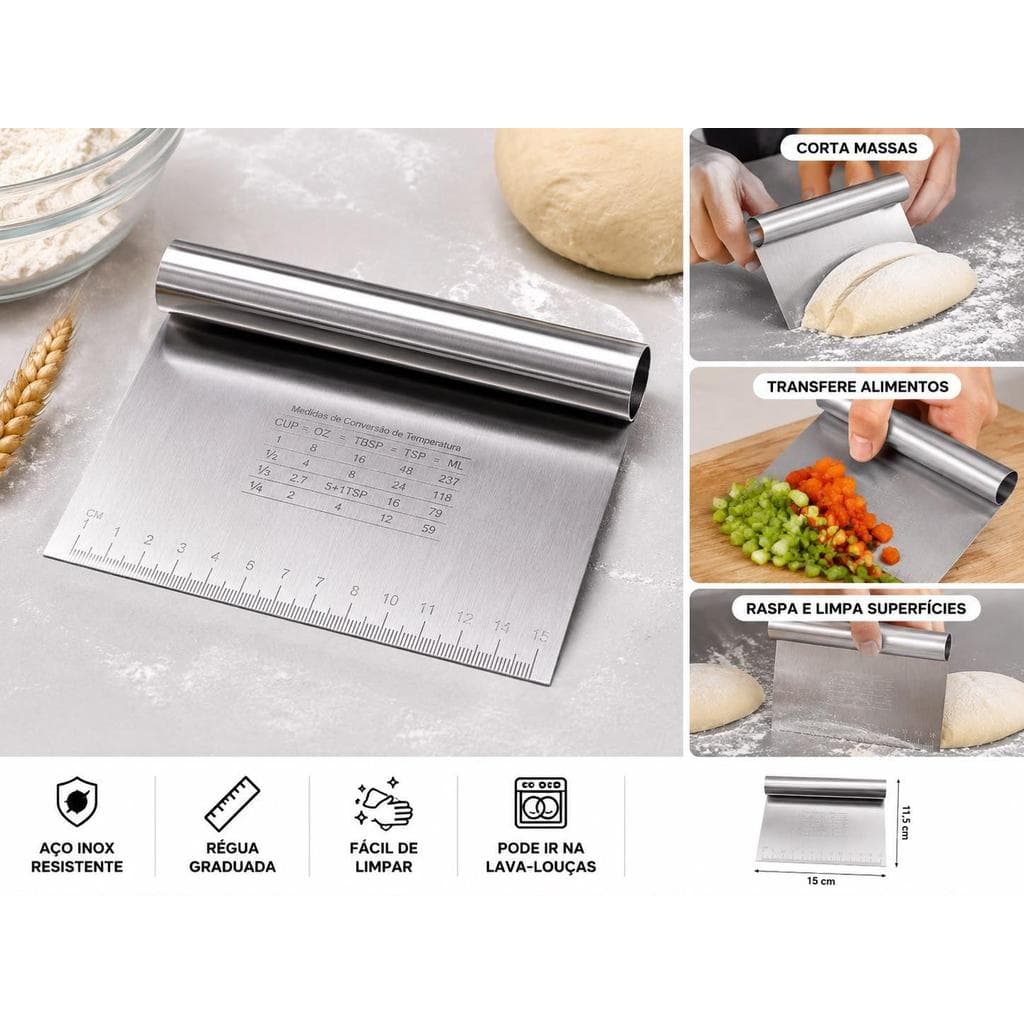 Espátula Raspadora de Massa em Aço Inox para Pães, Bolos e Pizza