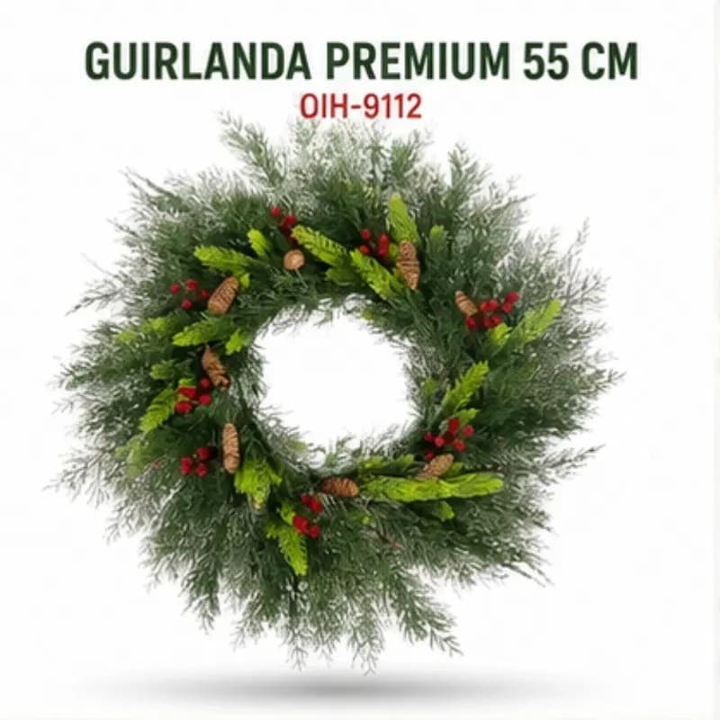 Guirlanda Encanto de Natal 55cm com Folhagem Verde, Pinhas e Frutos Vermelhos OIH-9112