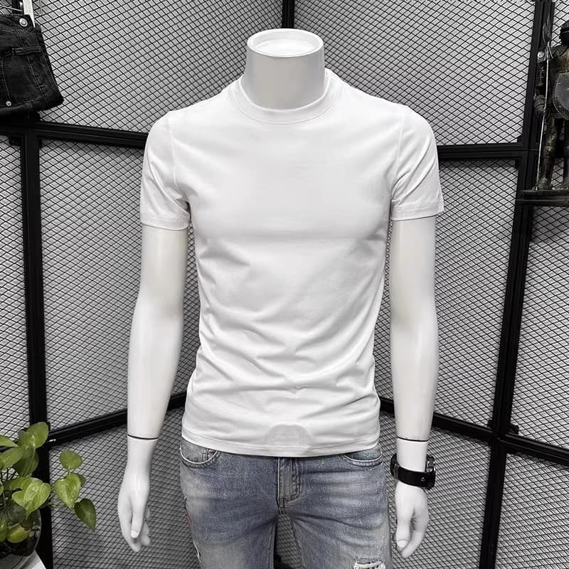 Verão puro algodão cor sólida manga curta camiseta masculina juventude versão coreana na moda em torno do pescoço magro-