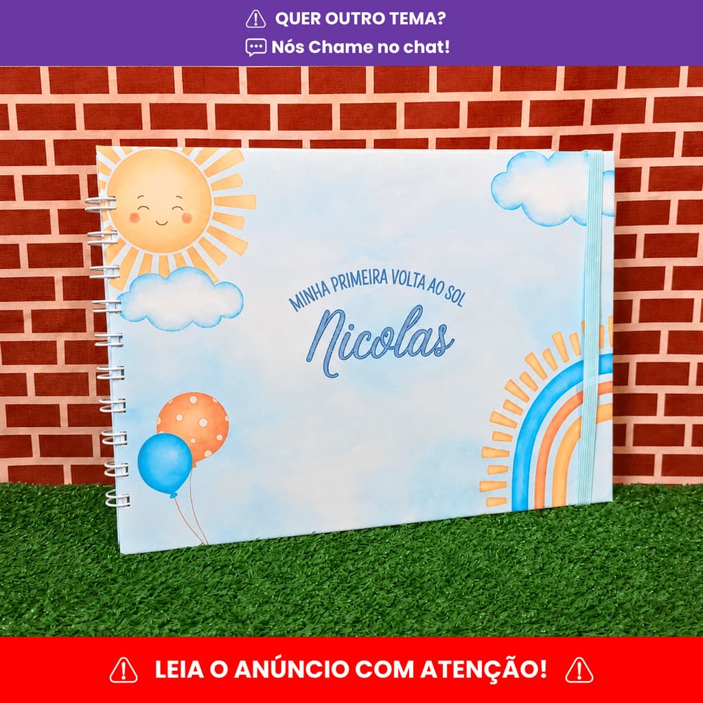 Primeira volta ao sol azul aquarela Menino | Livro de assinaturas | Caderno de mensagens personalizado  | Envio Rápido