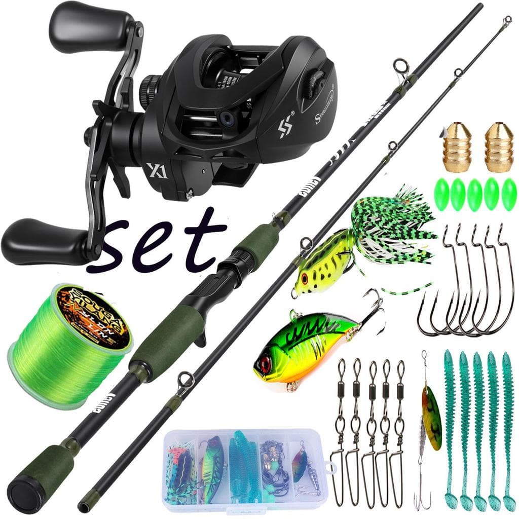 Kit de Pescaria Sougayilang Vara de pesca 1.80m 2 seções + Carretilha de pesca 7.2:1 + Linha de pesca + Isca de pesca