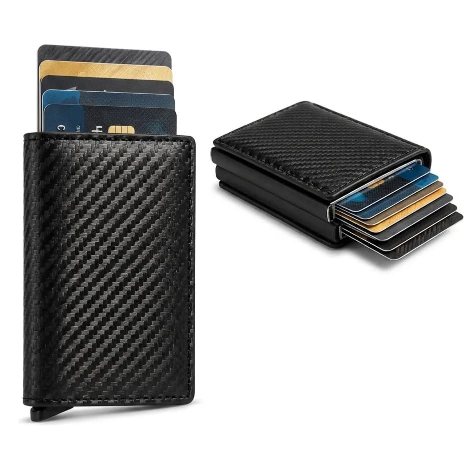 Carteira Mágica Tripla Masculina Slim Fibra De Carbono Preta Couro Porta Cartões Proteção RFID