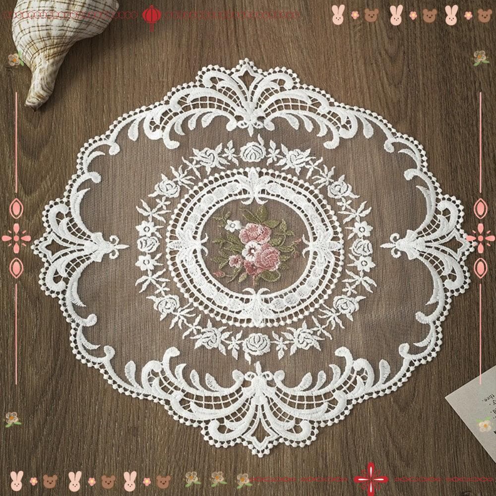 Capa De Mesa De Jantar, Pano Bordado Redondo De Renda , Porta-Copos De Café Branco Resistente Ao Calor