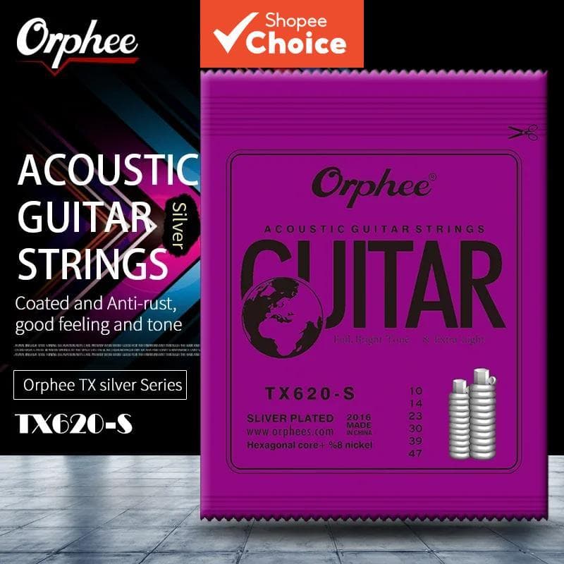Orphee TX620-S Cordas Acústicas para Violão, calibre médio, núcleo hexagonal de aço carbono, enrolamento prateado