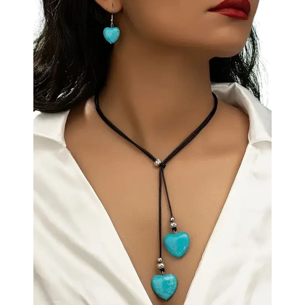 Conjunto Colar Preto e Brincos Estilo Boho com Pingentes Coração Azul Turquesa