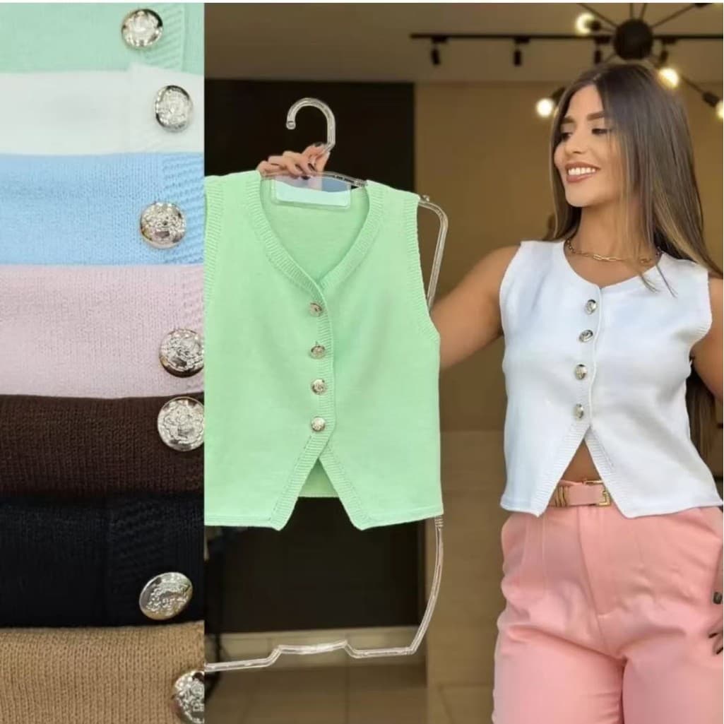 SIssi Colete Feminino  em Tricot Modal com 4 Botões de Brilho  （32-40)