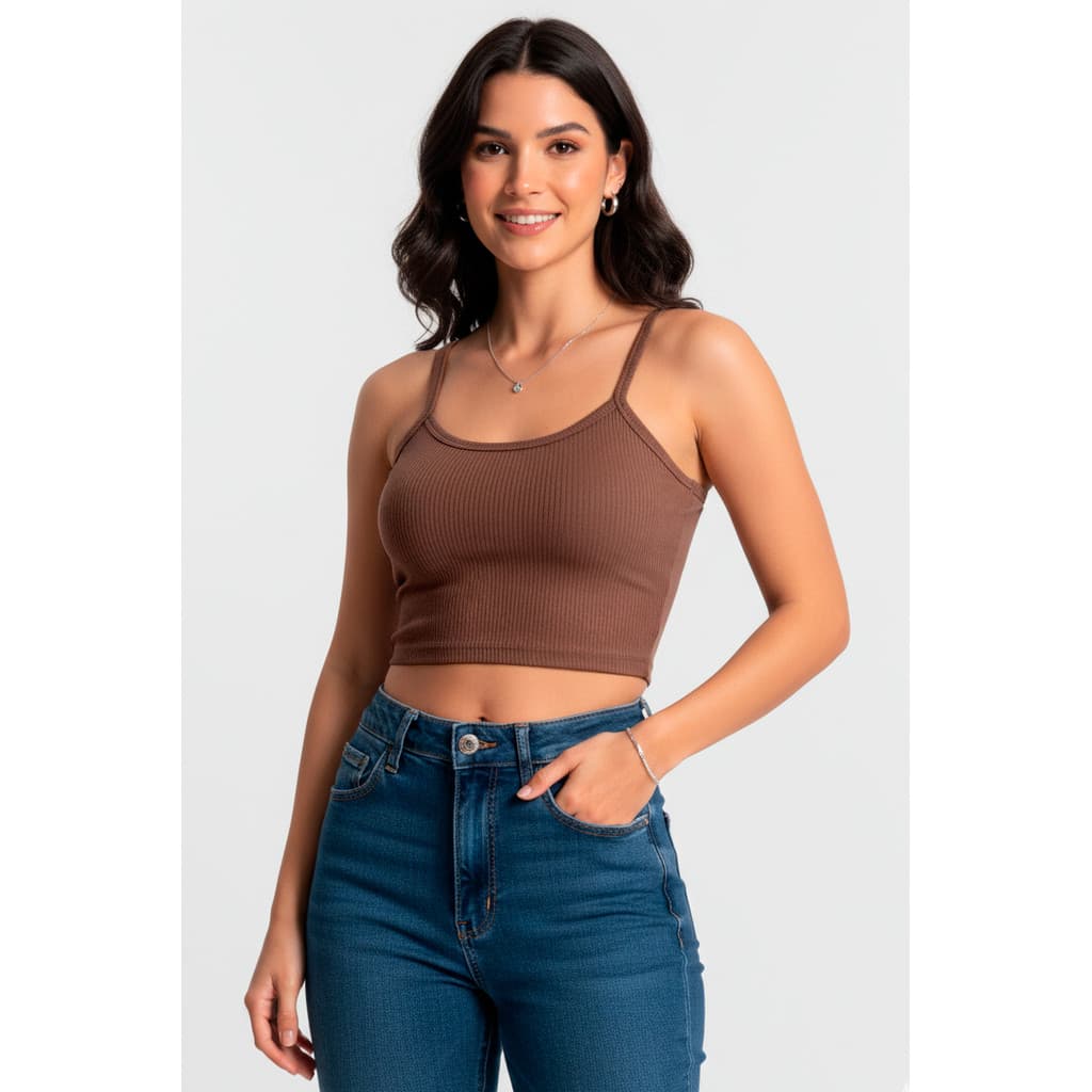 Cropped Feminino Regata De Alça Ribana Crepe Canelada 9451