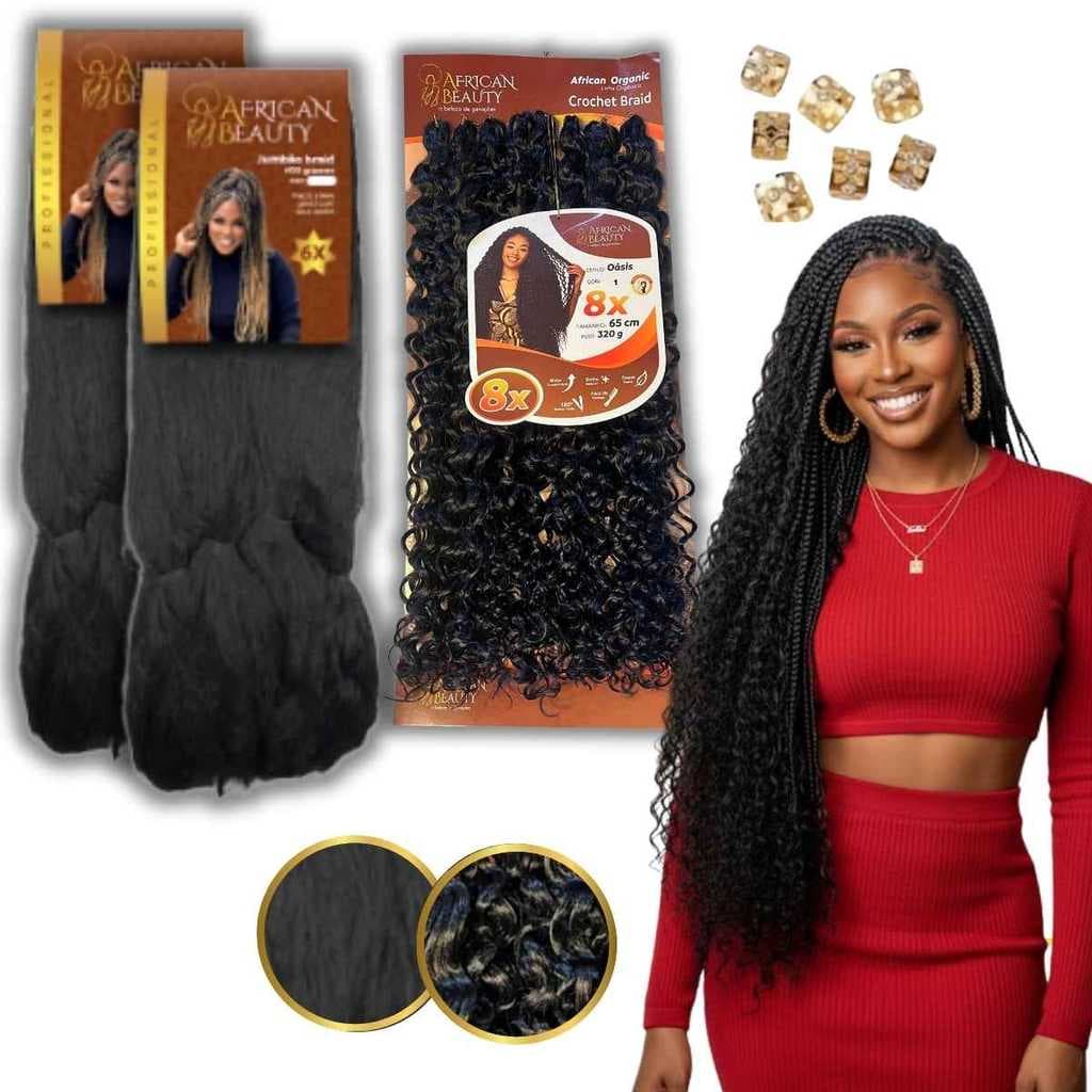 Kit Aplique 2 Cabelo  Jumbão African Beauty 1 Crochet Oásis Cacheado Gypsy Braid Brox Braid + anéis