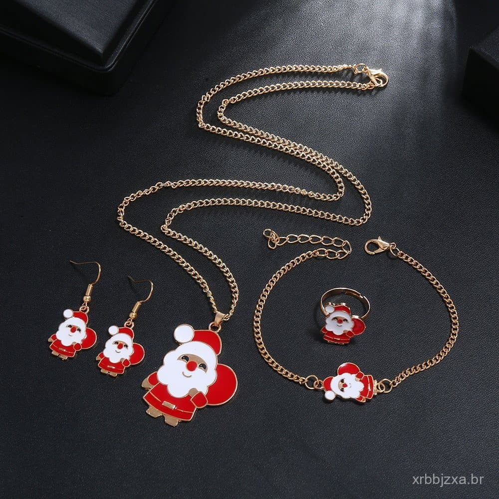 Conjunto de Colar de Natal Bonito Anel de Papai Noel em Forma de Gota de Óleo Brincos Pulseira Conjunto de Joias
