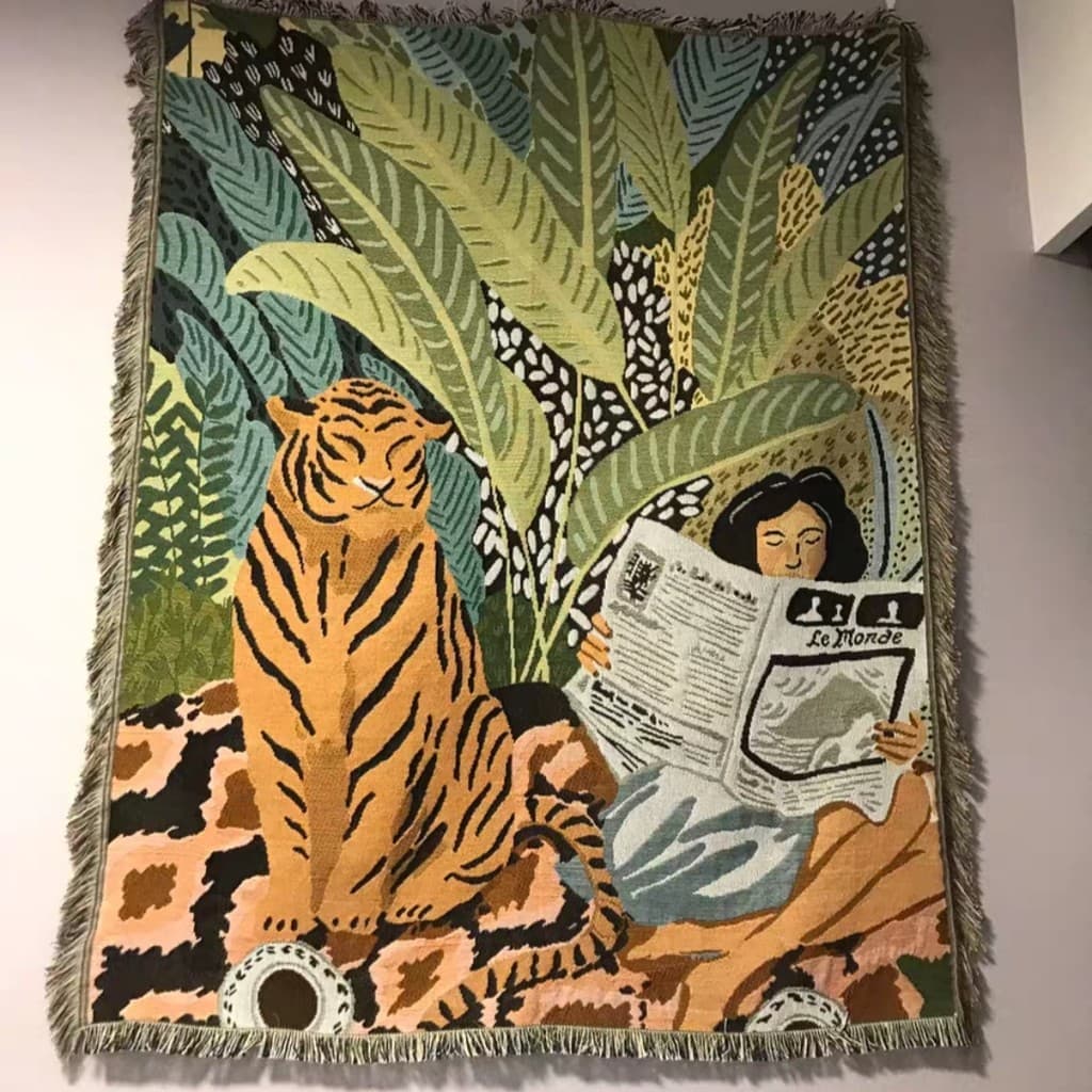 Pano de fundo nórdico INS pequeno estilo arte fresca quarto sala estar personalidade tigre leitura jornal menina sofá ca