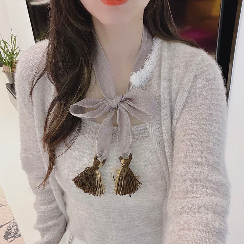 Estilo coreano Streamer lenço de seda feminino linho pendurado lenço de orelha lenço de cintura estilo fino borla All-ma
