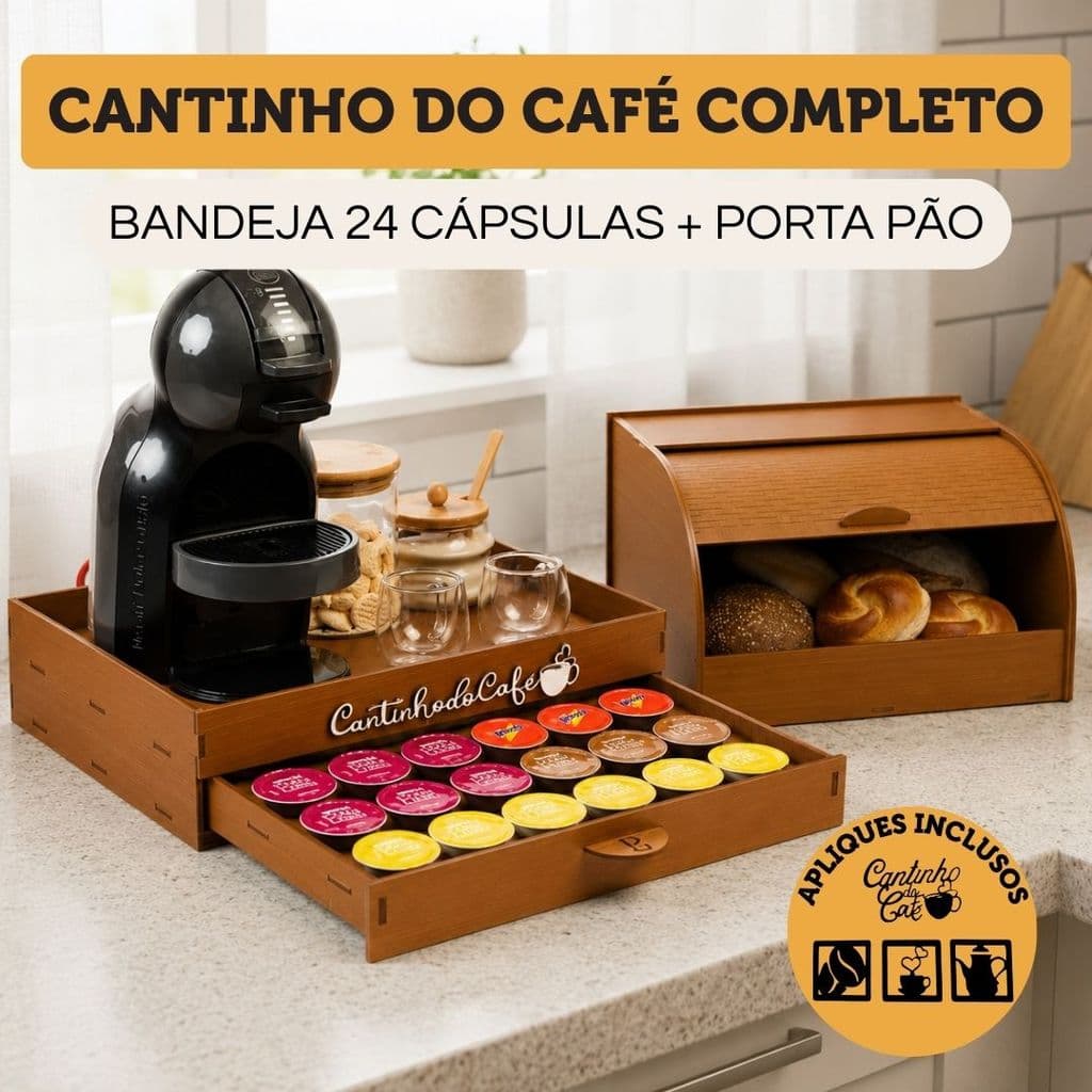 Cantinho Do Café Bandeja Porta 24 Cápsulas + Porta Pão + 4 Apliques Decorativo Kit Completo Cozinha