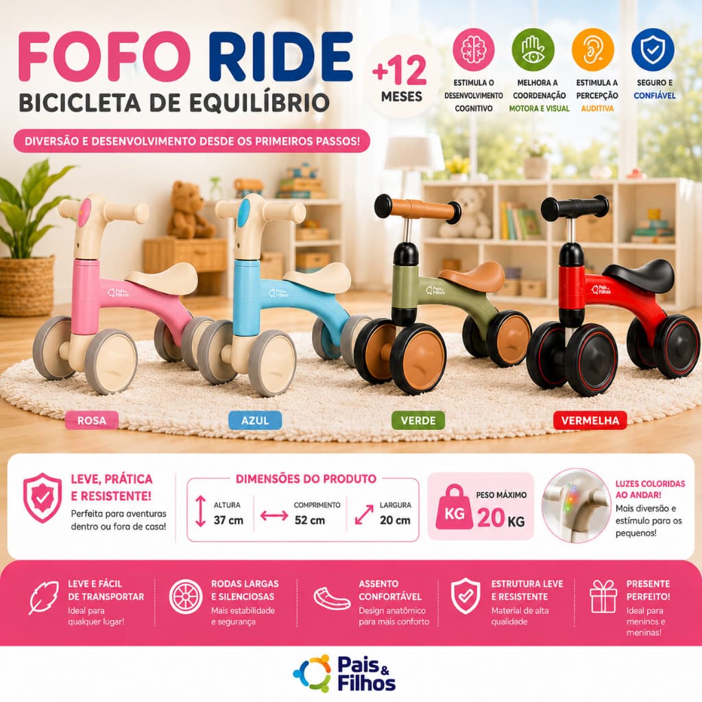 Bicicleta de Equilíbrio Infantil Pais & Filhos Sem Pedal Motoca Andador Bebê Rodas Silenciosas Menino e Menina