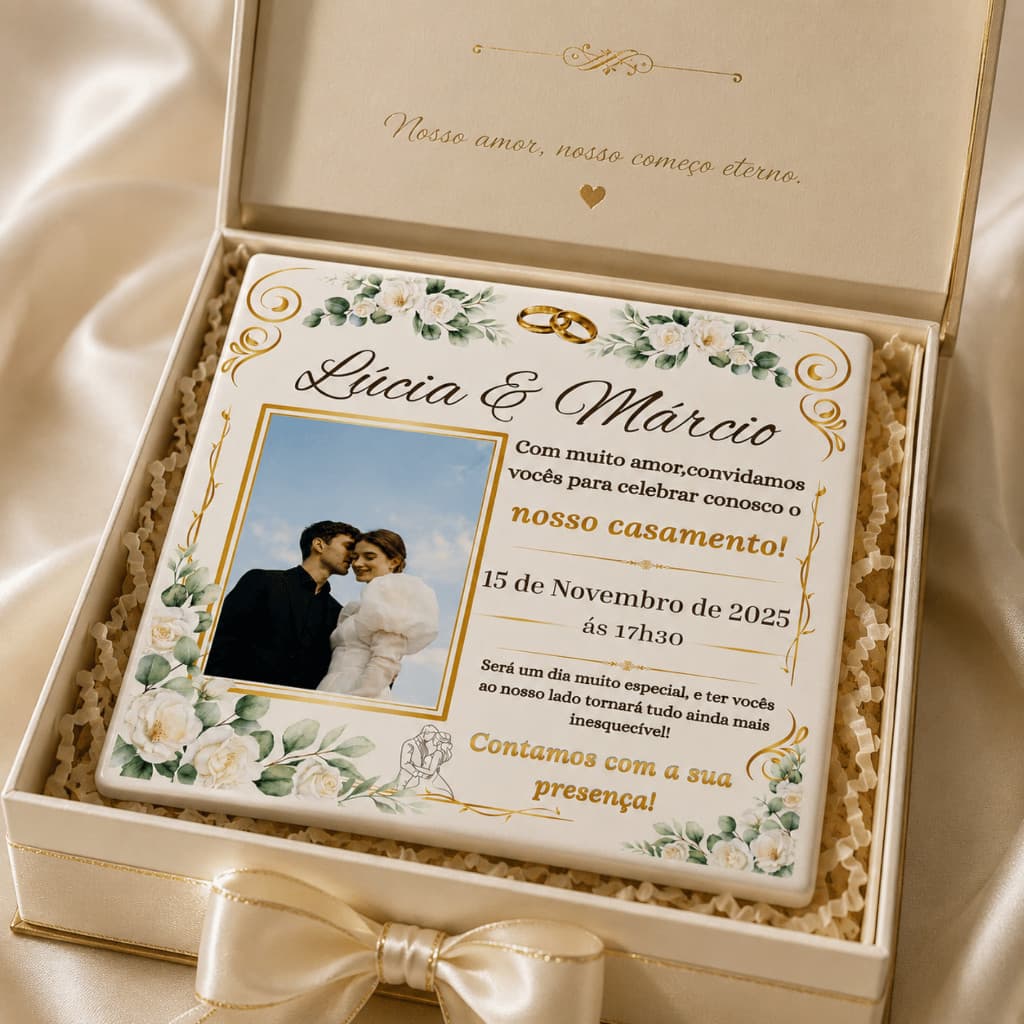 Convite de Casamento em Azulejo Personalizado 15x15 cm| Convite Decorativo com Foto, Nomes e Data | Lembrança Especial