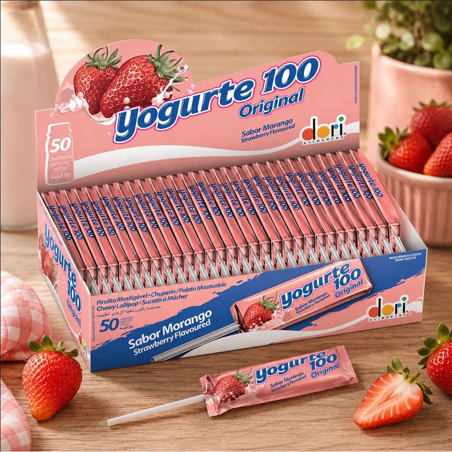 Pirulito Dori Yogurte 100 Morango 560g Caixa com 50 Unidades Sem Glúten Original