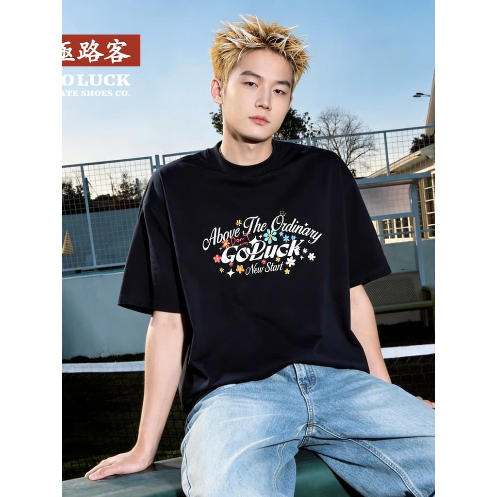 Jiluke 2026 primavera verão novo estilo masculino Casual rua Wear solto puro algodão carta flor impressão camiseta de ma
