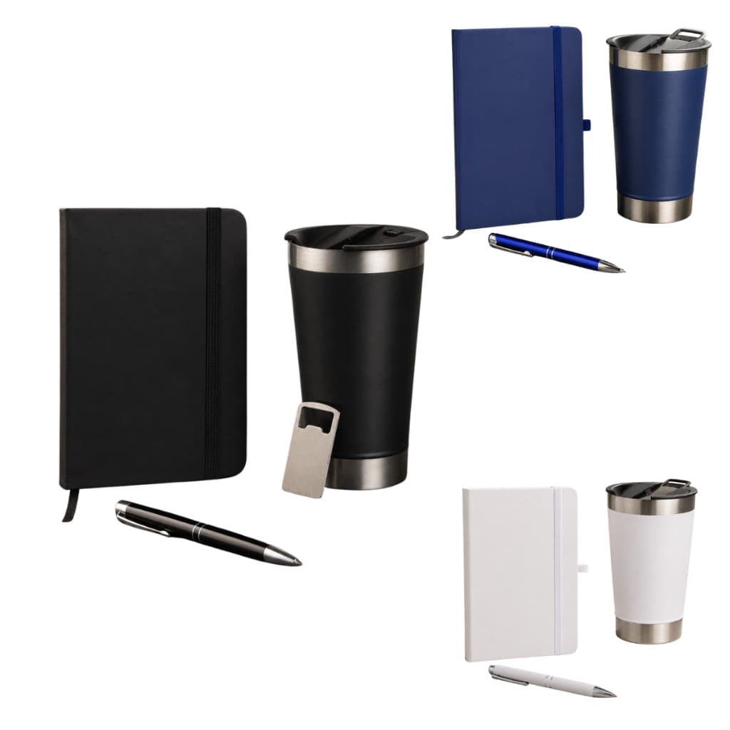 Kit Composto Caderneta Capa Emborrachada Caneta Esferográfica Metal Copo Térmico