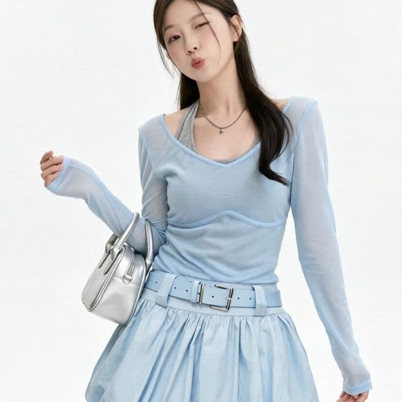 [Novo produto] Conjunto inteiro com redução de idade, lindo terno de verão feminino cinza frente única blusa azul Top sa