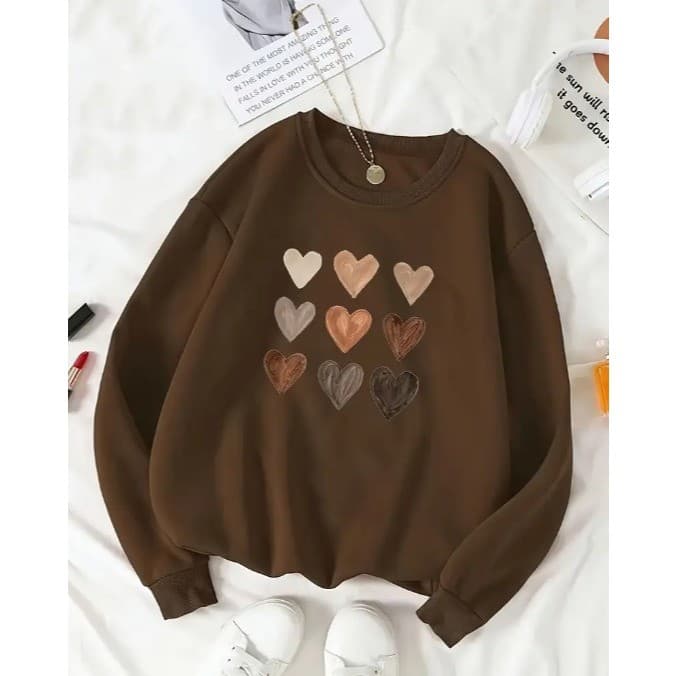 Moletom Gola Redonda 9 Corações Feminino Blusa de Frio Delicada Moda Inverno Casaco