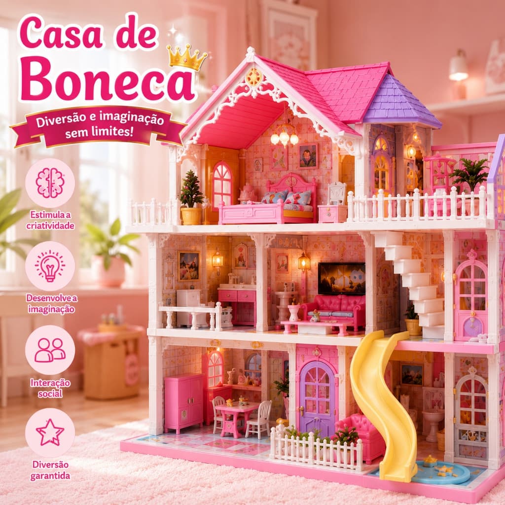 Brinquedo Casa De Boneca Princesa Infantil Com Luzes Led Móveis Escorregador Presente Para Menina
