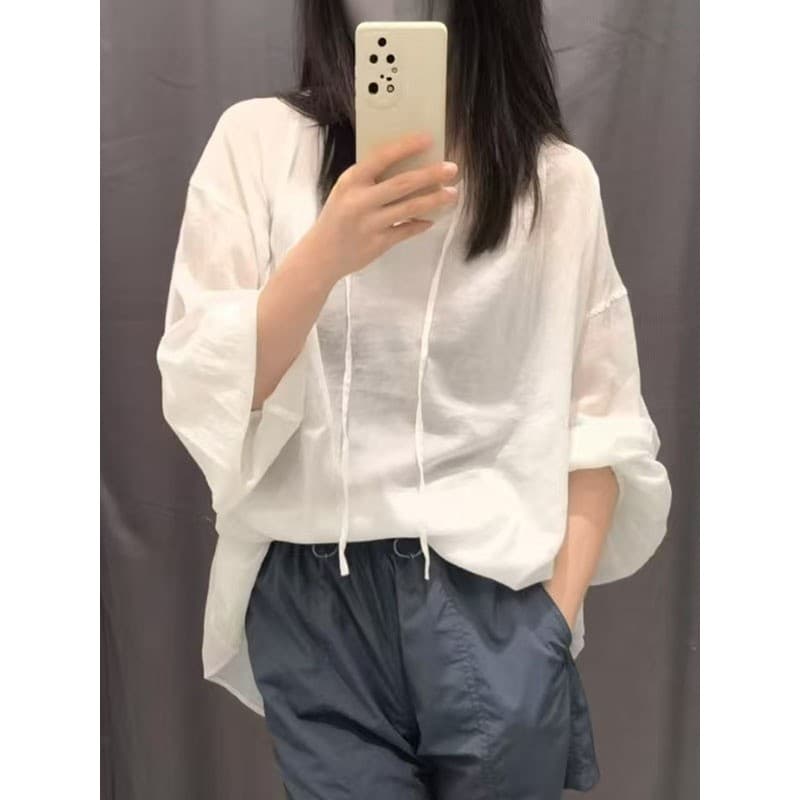 Camisa japonesa única feminina de algodão solta plissada cor sólida amarrada camisa de manga comprida protetor solar cam