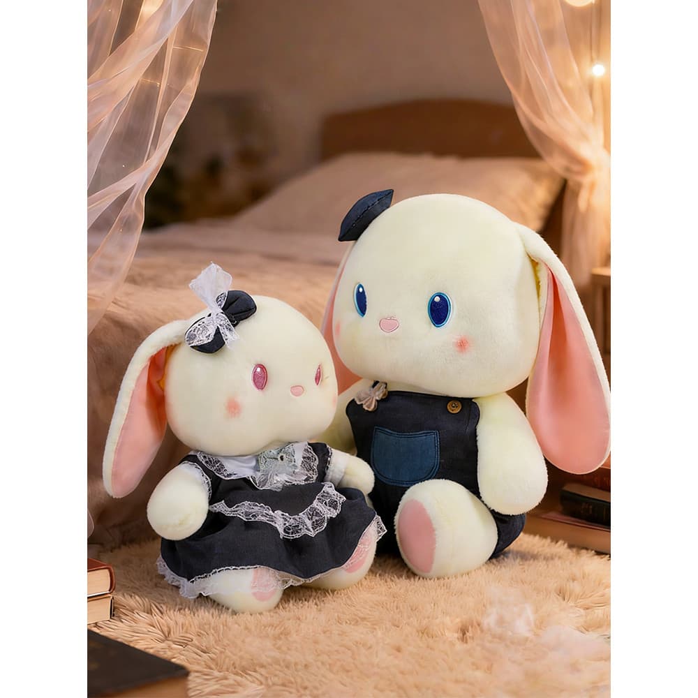 Genuíno denim coelho brinquedo de pelúcia doce bonito denim macacão coelho boneca tecido presente aniversário