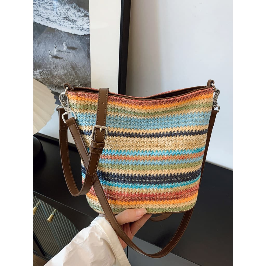 bolsa transversal feminino bolsa feminina Bolsa feminina novo estilo moda arco-íris tecido balde saco All-Match saco do