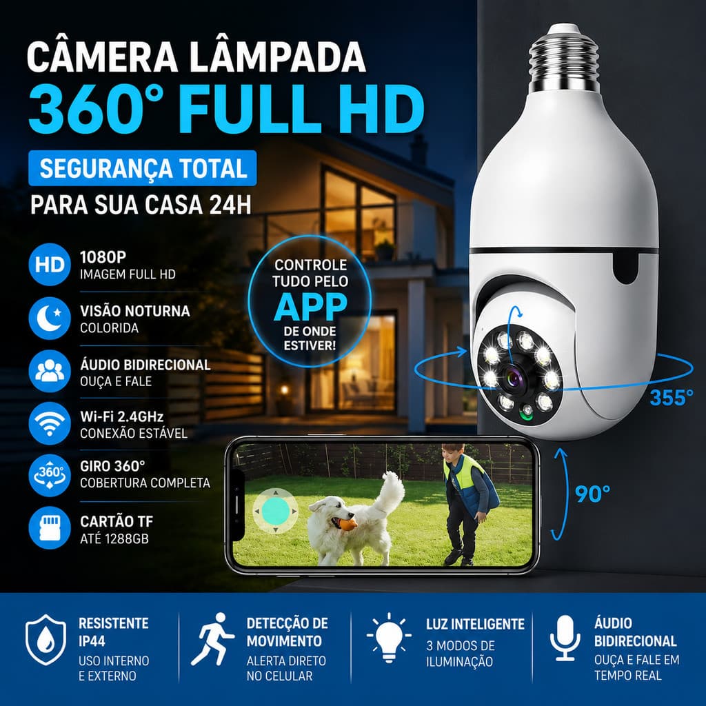 Câmera Lâmpada de Segurança Vigilância IP Wi-Fi 360° Visão Noturna FullHD Bivolt